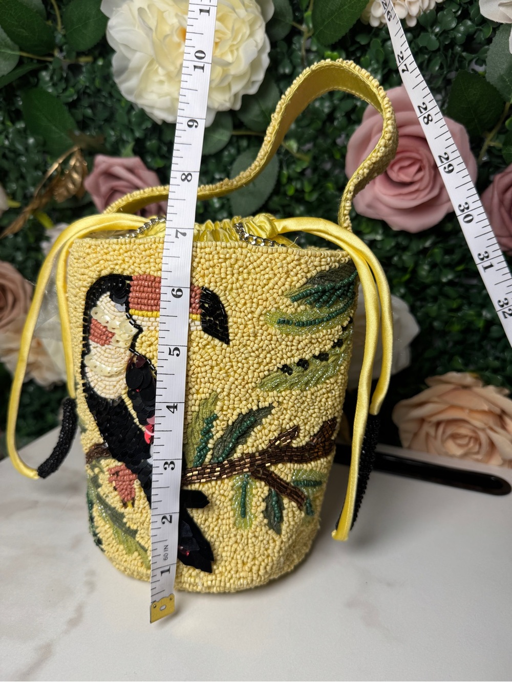 Yellow Beaded Toucan Drawstring Crossbody Bag - Women - Picture 7 of 8